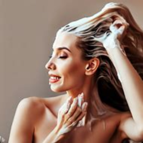 A woman shampooing her hair