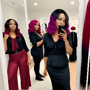 Three women trying on various colored wigs